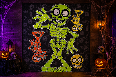 Painel Decorativo Esqueleto Neon Halloween 70X50cm - 4 Peças Destacáveis em Papel Cartonagem