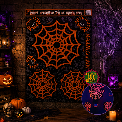 Painel Teia de Aranha Neon Halloween 70X50cm - 1 Unidade com 7 Apliques Destacáveis