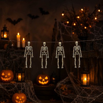 Varal com Esqueletos Halloween - 4 Mini Esqueletos de 15cm Cada