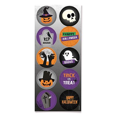 Adesivo Decorativo Redondo Scary Night Halloween - 3 Cartelas Com 10 Adesivos Cada (30 Unidades)