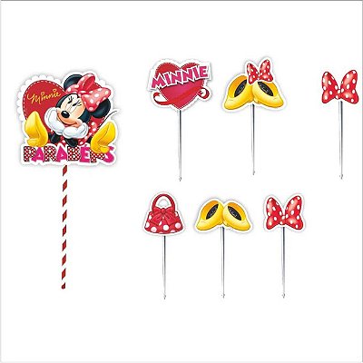 Topo de Bolo Topper Decoração Minnie Cenário - 7 Peças (01 Topper maior + 6 Picks)