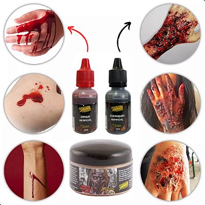 Kit de Maquiagem Terror Fake Halloween Queimadura Zumbi - 1 Pote Massa / 2 Bisnagas e 1 Espátula