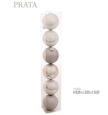 Bola de Natal Sortidas Prata 8cm - 6 Un