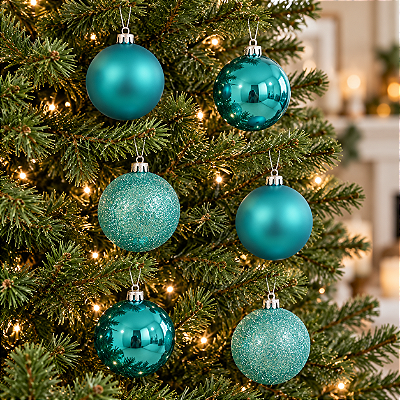 Bola de Natal Brilhante/Fosco e Glitter Azul Claro 8cm - 6 Unidades