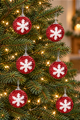 Bolas De Natal Flocos De Neve Vermelho E Branco 5cm - 6 Peças