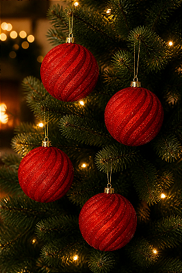 Bola de Natal Vermelha com Glitter 10cm – Kit com 4 Unidades