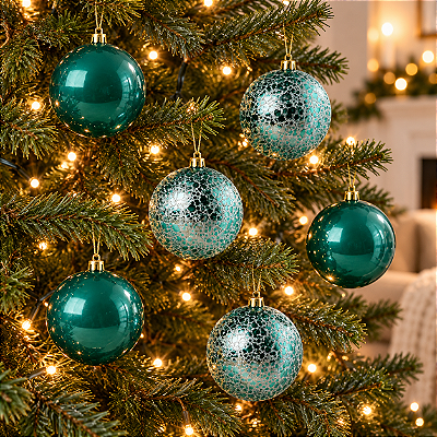 Bola de Natal Perolada e Craquelada Verde 8cm - 6 Unidades