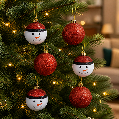Bolas de Natal Vermelho e Branco Boneco de Neve 6cm - 6 Unidades