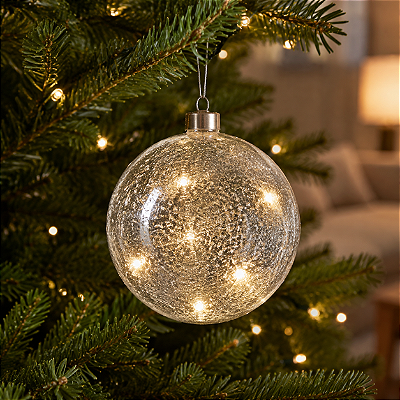 Bola De Vidro Natal Com Luz Acabamento De Glitter Prata Com 6 Leds - 8cm
