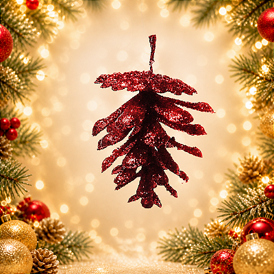 Pinha Decorativa com Glitter Vermelho – 4cm
