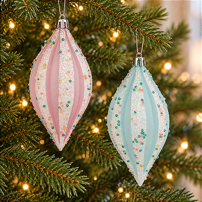 Enfeite Natal Pendurar Pino C/gomos 12x6x6cm - Cor: Rosa claro / Azul Claro - 2 Unidades