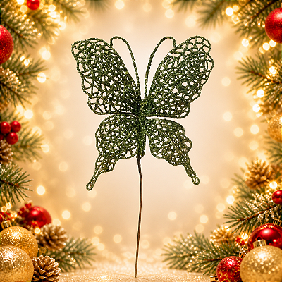 Pick Borboleta Verde com Glitter Decorativo Natalino 20cm