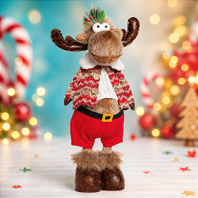 Rena de Natal Pelúcia em Pé com Bermuda, Casaco e Gorro 50cm - Coleção Romenia