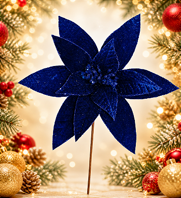 Pick Poinsetia Veludo Azul 35cm