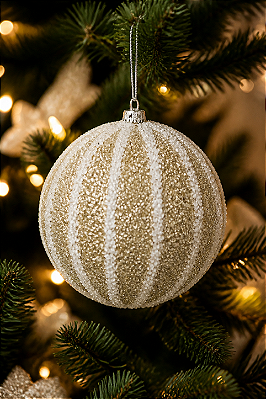 Bola Decorada Champagne com Branco 8cm – Enfeite Natalino Sofisticado e Elegante