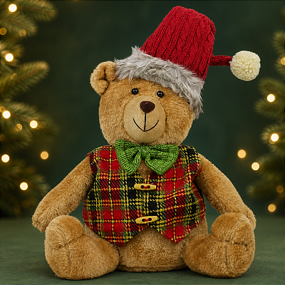 Urso Natalino Sentado com Colete e Gorro - 38cm