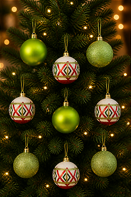 Bola Mista Decorada Verde Vermelha - 6cm - 9 Unidades