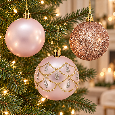 Bolas de Natal Mistas Decoradas – Rosa e Prata – 6 cm – Kit com 9 Unidades