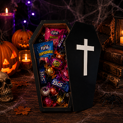 Enfeite de Mesa Caixão 3D MDF 26cm x 15cm Halloween