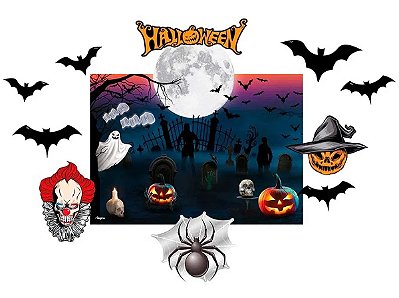 Kit Decorativo Cartonado Halloween - 1 Folha Poster e 1 Folha com Várias Peças Destacáveis