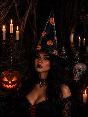 Chapéu de Bruxa Preto com Abóbora Halloween