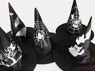 Chapéu de Bruxa Preto com Estampas Halloween - Estampa Sortida - 1 Unidade