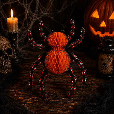 Enfeite Aranha Colméia de Papel P/ Pendurar Preta e Laranja Halloween - 32cm