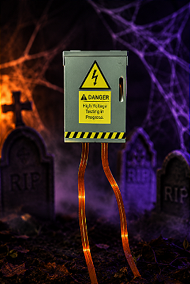 Caixa de Energia Alta Voltagem com Luzes, Som e Movimento 70cm Halloween