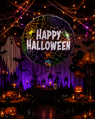 Balão Metalizado Happy Halloween Teias e Aranhas - 18 Polegadas (46cm) - Flutua Com Gás Hélio