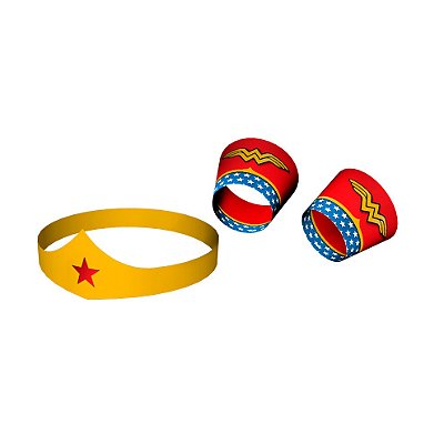 Acessório Tiara e Bracelete Mulher Maravilha - 9 Unidades (3 Pares de Braceletes Mulher Maravilha e 3 Tiaras)