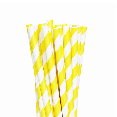 Canudo De Papel Biodegradável Amarelo Listrado - 6x200 mm - 12 Unidades