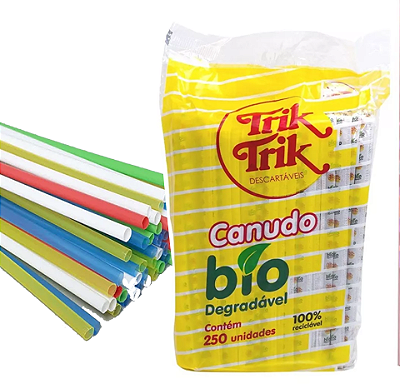 Canudo Biodegradável Plástico Colorido Sachês Individuais 24cm - 250 Unidades