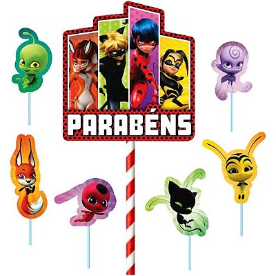 Topo de Bolo Topper Decoração Miraculous Cenário - 7 Peças (01 Topper maior + 6 Picks) Piffer