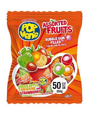 Pirulito Pop Mania Frutas Sortidas Recheio Chiclete - 850g