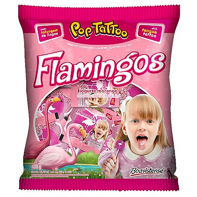 Pop Tattoo Pirulito Flamingos Sabor Iogurte Morango - 400g