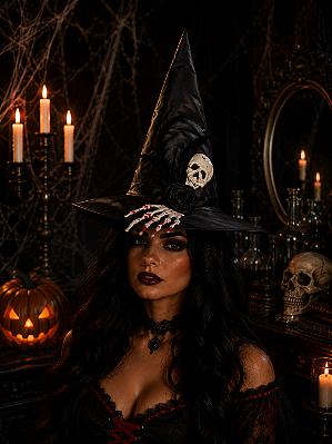 Chapéu de Bruxa Pena Mão e Caveira Halloween - Cor sortida: Preto ou Roxo - 1 Unidade
