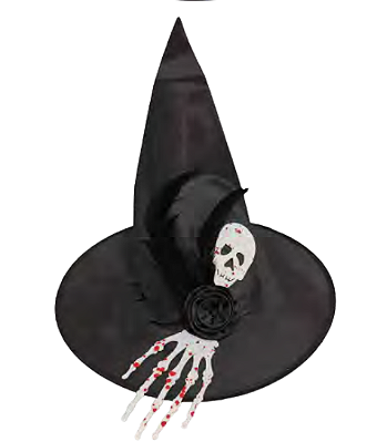 Chapéu de Bruxa Pena Mão e Caveira Halloween - Cor sortida: Preto ou Roxo - 1 Unidade