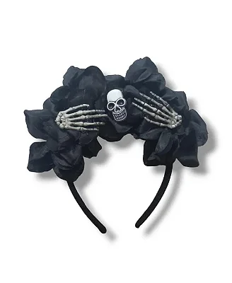 Tiara Halloween com Flores e Caveira – Preta | Acessório de Fantasia Elegante e Assustador