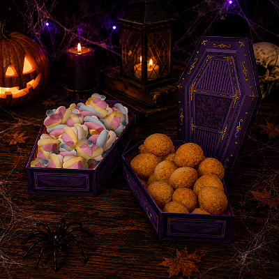 Caixa Em Formato Caixão Roxo Halloween - 30x17cm - 1 Unidade
