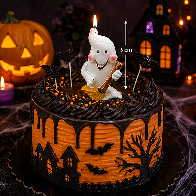 Vela Decorativa Fantasma Com Vassoura Halloween 8cm
