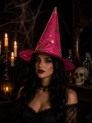 Chapéu de Bruxa Pink com Estrelas Halloween