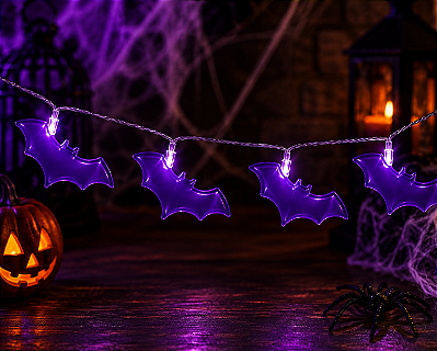 Pisca Pisca Halloween com Morcegos Roxos – 1,15m | Decoração Iluminada
