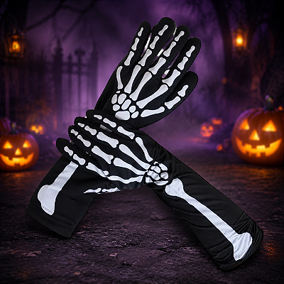 Luva Caveira Longa Esqueleto Raio X Halloween 39cm - 1 Par