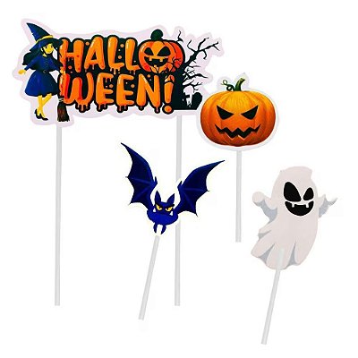 Topo de Bolo Halloween Cenário Topper - 4 Itens (01 Topper maior e 03 Picks) - 22cm x 10cm