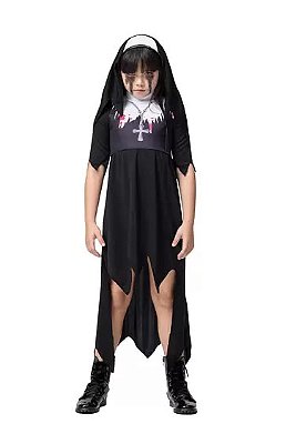 Fantasia Halloween Noviça do Mal Freira Adulta Vestido + Véu