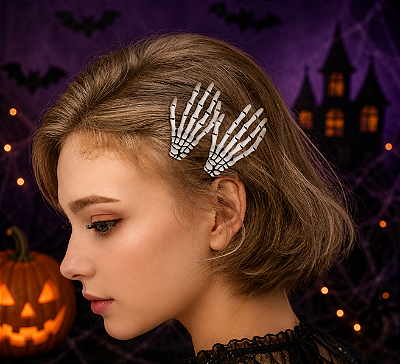 Presilha P/ Cabelo Mão de Esqueleto Halloween - 1 Par