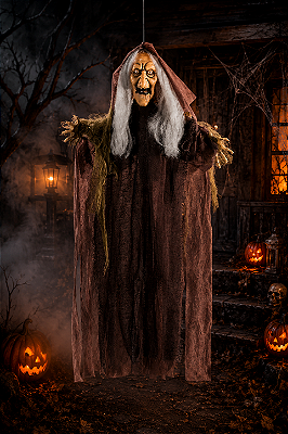 Enfeite Bruxa Assustadora com Som Luz e Movimento Halloween 90cm