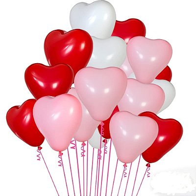 Balão Bexiga Coração Sortidos (Vermelho/Rosa/Branco)- 11 Polegadas (28cm) - 20 unidades
