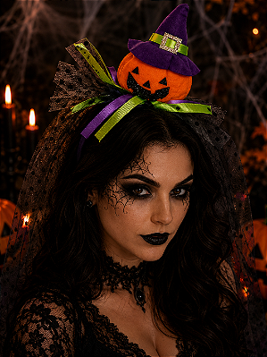 Tiara Halloween Abóbora com Chapéu e Véu