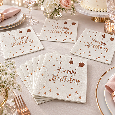 Guardanapo Papel Folha Dupla Happy Birthday Rose Gold 33x33cm - 20 Unidades